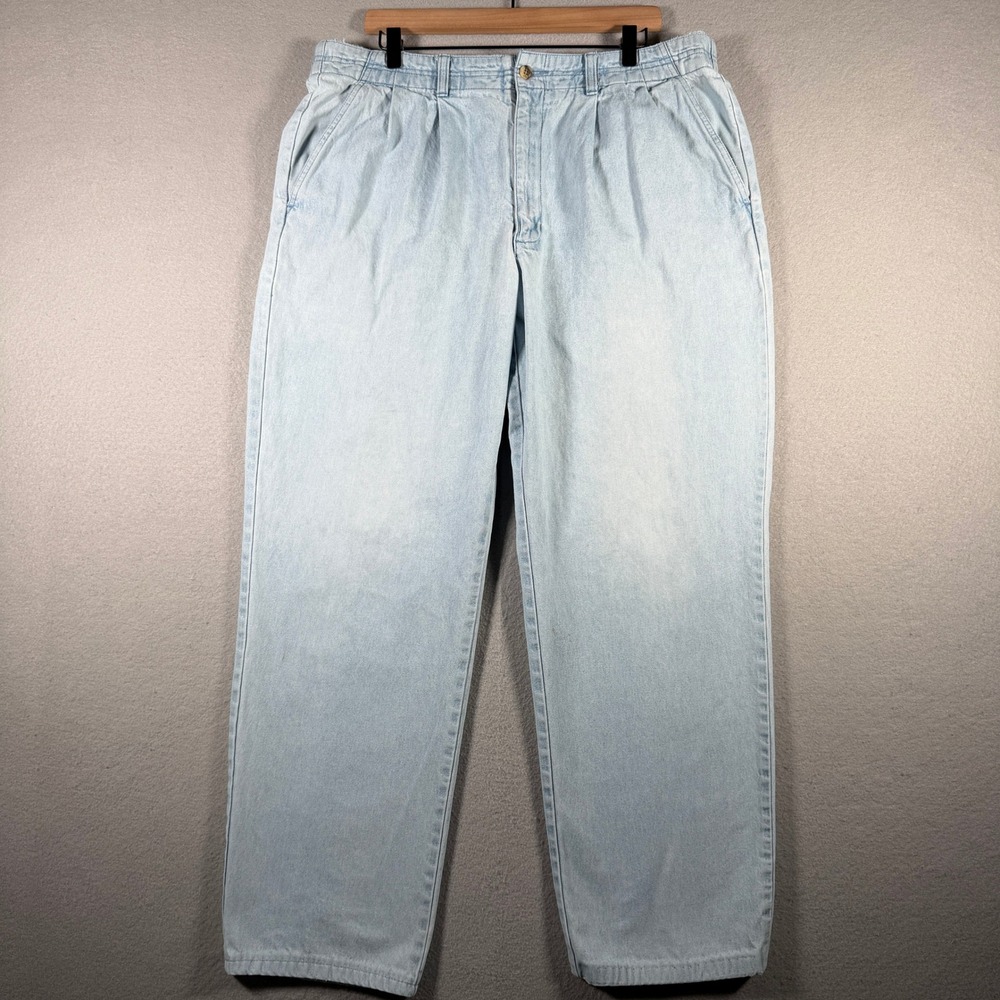 Vintage Eddie Bauer Mens 38x31 Light Wash Pleated Elastic Waist Denim Pants